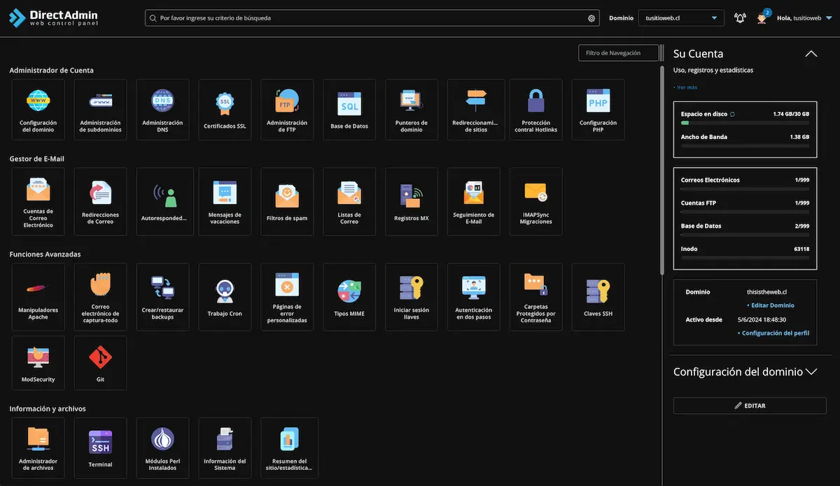Hosting Web Profesional con panel de DirectAdmin